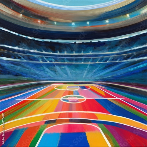 Colorful Sports Field in a Large Stadium During a Lively Event at Night