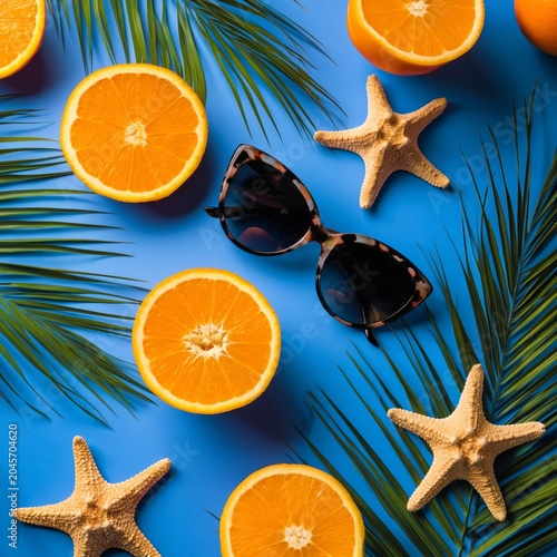 Bright Oranges and Sunglasses on a Blue Background With Starfish and Palm Lea...