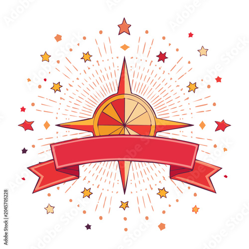 Compass rose with ribbon and stars