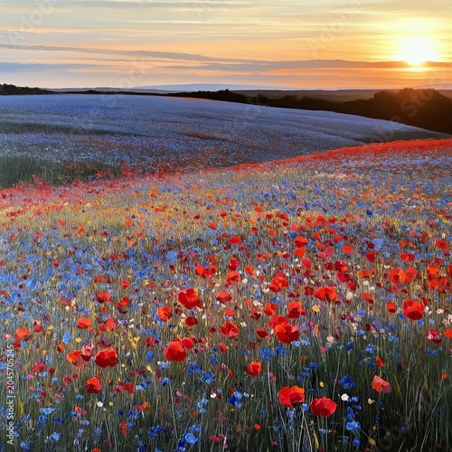Fields of Flowers Bloom Under Sunset Sky in Countryside Landscape