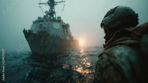 Amidst the fog, a soldier watches a sunlit navy ship, symbolizing hope and steadfastness against the backdrop of the unpredictable sea and its mysteries.