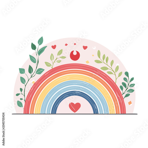 Flat design rainbow with leaves and hearts