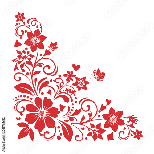 Red floral corner design with butterfly and hearts