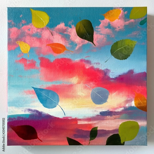 Colorful Leaves Drift Through a Painted Sky During Sunset