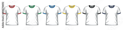 Set of ringer t-shirt mockup with contrast neck and sleeve. White base casual clothes on transparent background. Sportswear template isolated vector illustration.