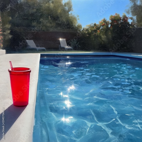 Bright Blue Pool With Red Cup During Sunny Day in Warm Outdoor Setting