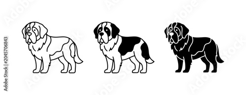 Fotografi Saint Bernard Dog Illustrations: Line Art, Bi-Color, and Silhouette Vector Set