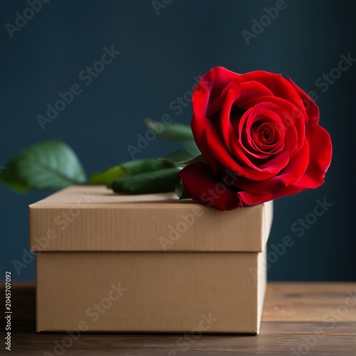 Red Rose Resting on a Brown Box in a Dark Setting During Evening Light