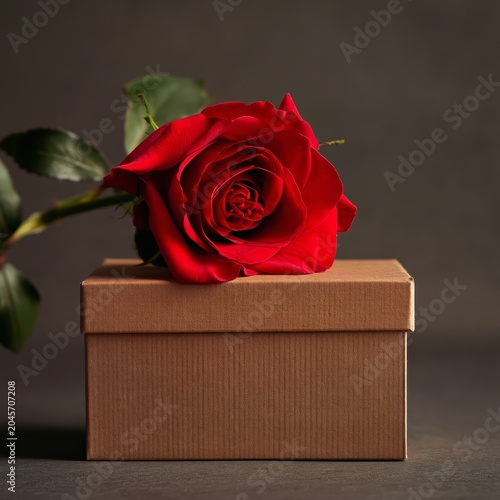 Red Rose Placed on a Brown Gift Box in a Simple Indoor Setting