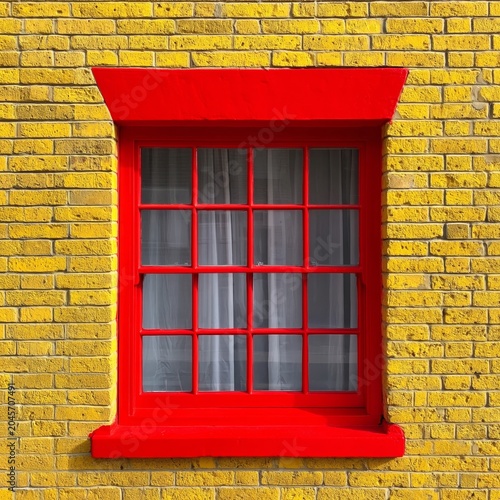Bright Red Window on a Yellow Brick Wall With White Curtains in Clear Daylight