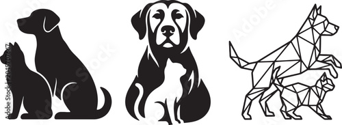 Diverse pet illustrations featuring dogs and cats in silhouette, geometric, and detailed styles, conveying affection.