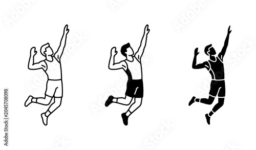 Volleyball Player Jump Serve Vector Icons, Athletic Action Sports Graphics, Dynamic Athlete Silhouette