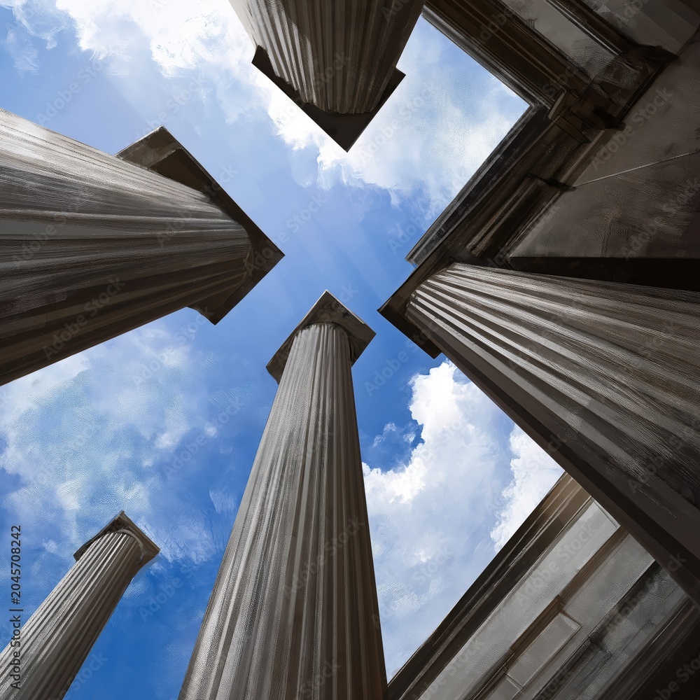 Naklejka premium Light Shines Through Columns at a Historic Building Under a Clear Sky With Clouds