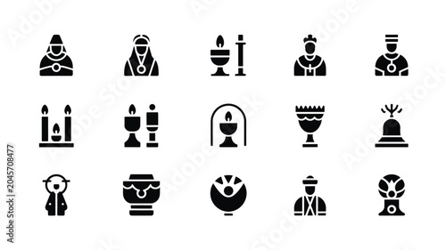 Tableau sur toile Set of 15 Black Glyph Style Catholic Church and Religious Ceremony Icons