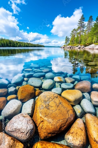 A rocky shoreline with rocks in the water and trees in the background