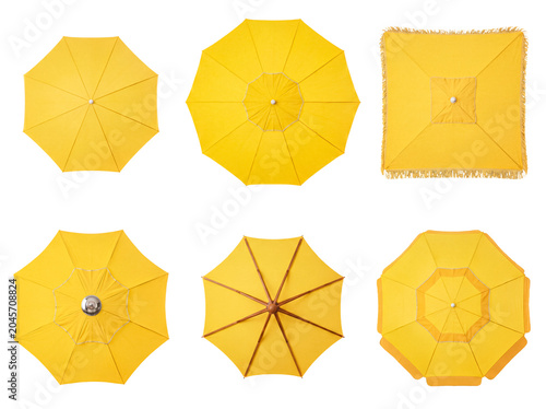 Tableau sur toile Overhead view of six distinct yellow patio and beach umbrellas, isolated on a transparent background for design