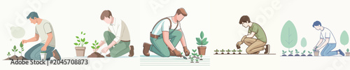 Foto People Planting Trees and Gardening Set, Environmental Conservation Flat Vector