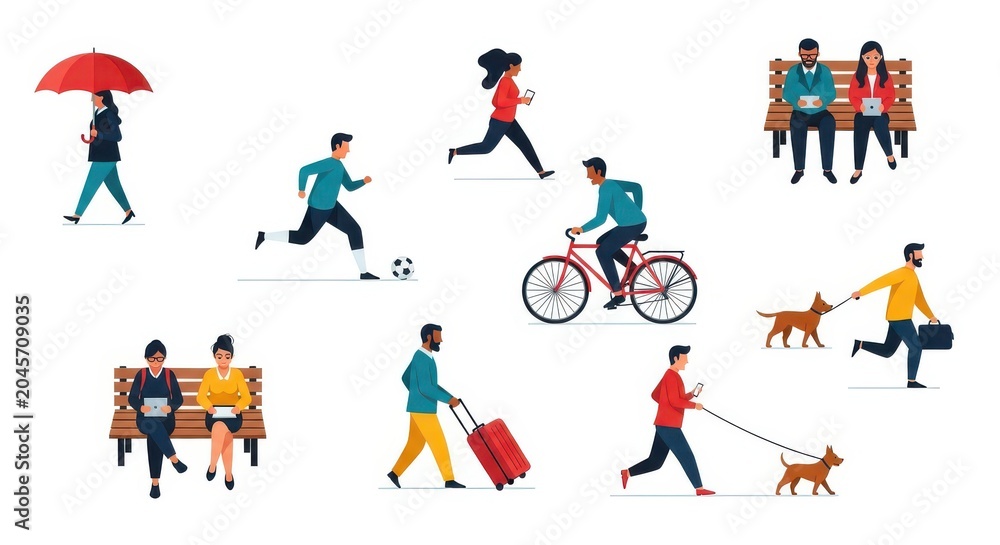 Fototapeta premium Flat Vector Illustration Set of People in Daily Activities, Walking, Running, Cycling, and Using Gadgets in the City