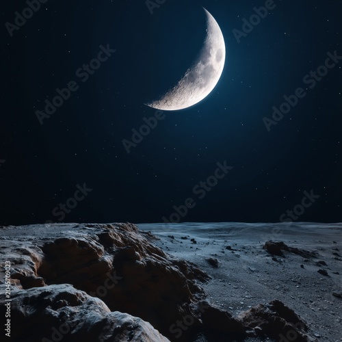View of the Moon From the Surface of a Celestial Body at Night With Stars in ...