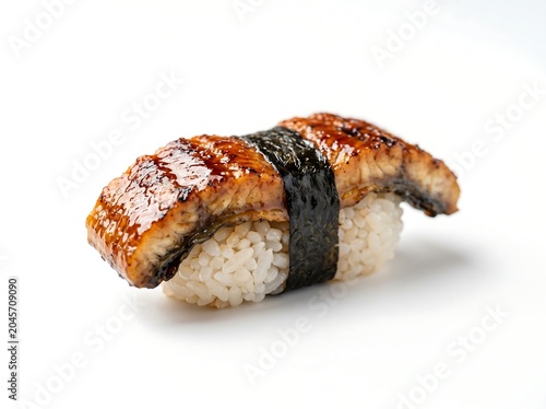 A single piece of unagi nigiri sushi on a white background
