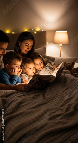 Family reading together in bed at night.