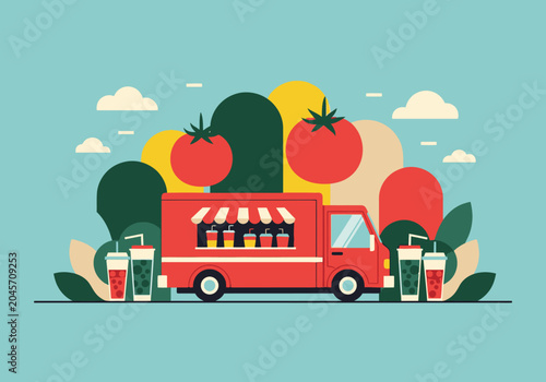 Fotografía Flat Vector Illustration of a Red Food Truck Serving Fresh Tomato Juice and Heal