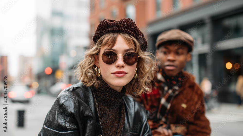 Fototapeta premium A stylish woman in sunglasses and a trendy outfit poses in an urban setting, capturing the essence of contemporary fashion and street style against a bustling background.