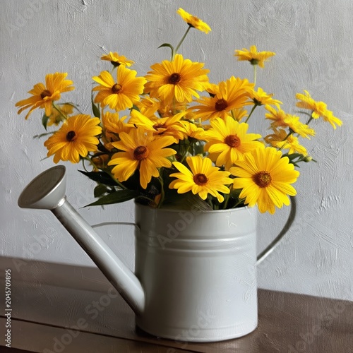 Bright Yellow Flowers in a Gray Watering Can on a Wooden Table Indoors