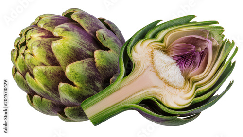Konstfotografi Whole and halved globe artichoke with purple and green leaves