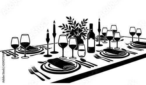 Canvas Print Elegant dinner table setup vector silhouette