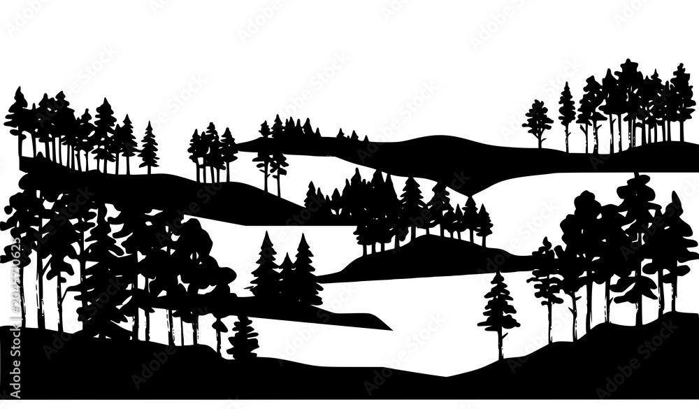 Obraz premium Pine forest landscape silhouette with trees and lake vector illustration