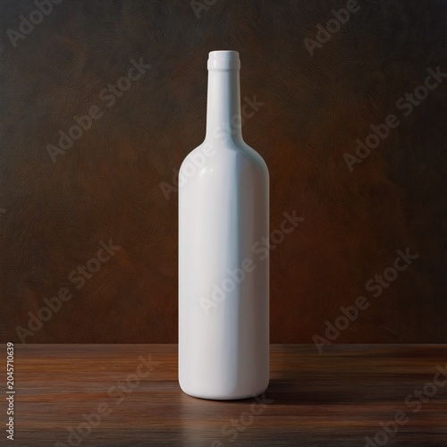 Blank Bottle Stands on Wooden Table Against a Dark Brown Background in a Simp...