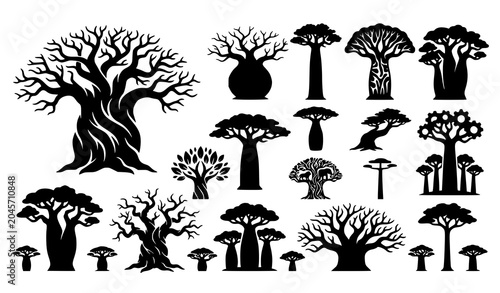 Fotografie Baobab trees silhouette collection vector illustration isolated on white