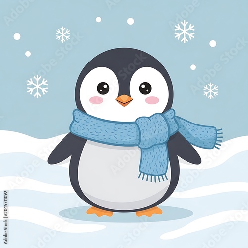 Cute cartoon penguin in winter scarf.