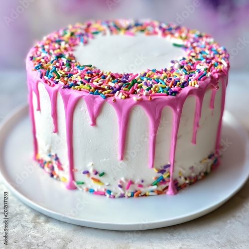 Colorful Cake With Pink Icing and Sprinkles Ready for a Celebration in a Brig...