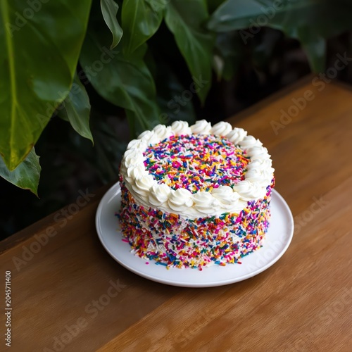 Colorful Cake With Sprinkles Sits on a Plate Near Green Leaves at a Garden Table