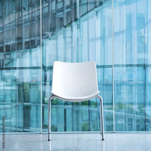 White Chair in a Modern Building With Glass Walls Reflecting Light