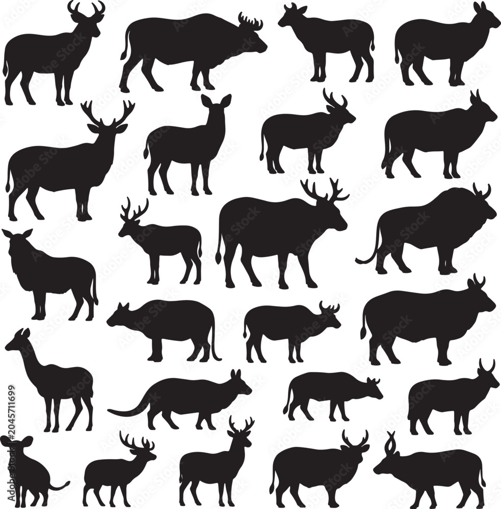 Fototapeta premium Wild deer and forest animal silhouettes with collection of various