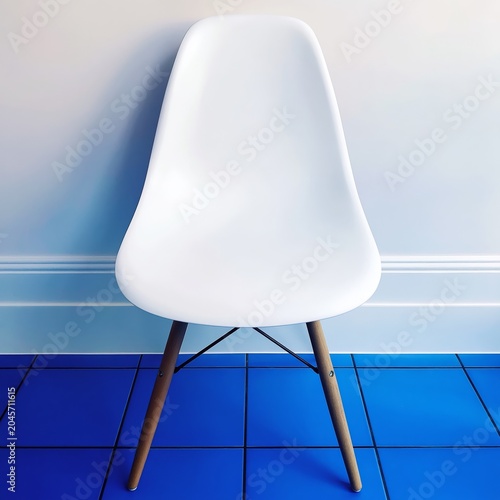 Modern Chair Stands Alone in a Room With Blue Tiled Floor and White Wall at D...
