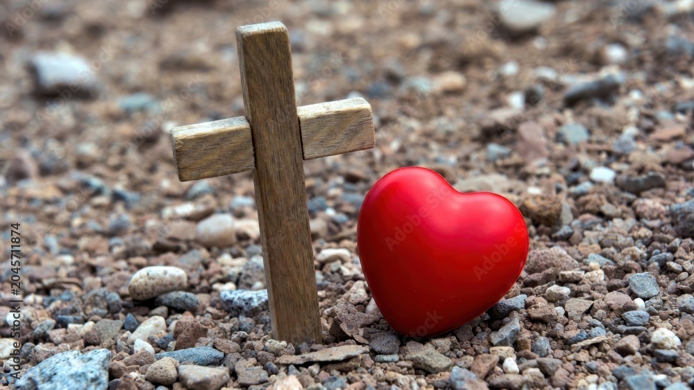 Fototapeta premium Wooden cross leaning against red heart on rocky ground