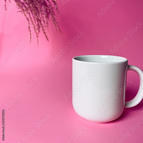 Plain White Mug on a Pink Surface With a Dried Flower Above for Decoration