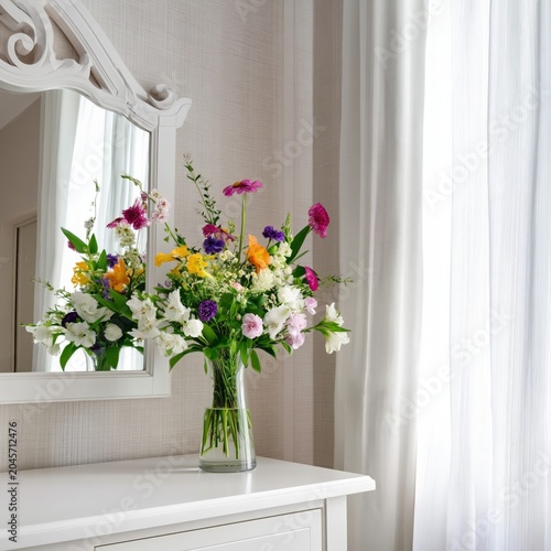 Bright Flowers in a Vase on a White Dresser Placed Near a Window With Sheer C...