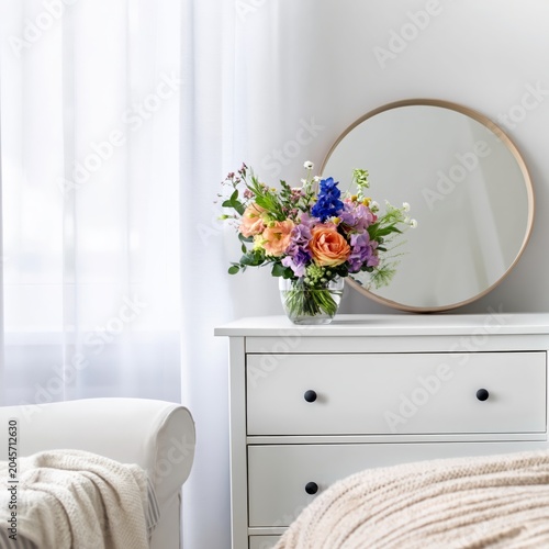 Flowers in a Vase on a Dresser in a Bright Room With a Mirror and Window