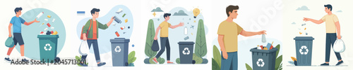 Fotografie People Throwing Garbage into Recycling Bin, Waste Sorting and Environmental Cons