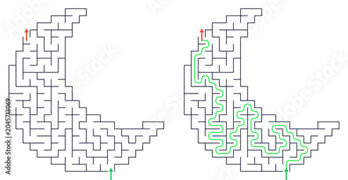 Crescent moon shaped maze for activity book. Square grid labyrinth path. Printable puzzle vector illustration