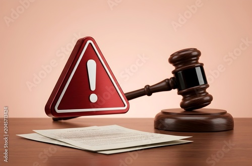 Legal caution and judicial warning – Judge’s gavel with papers and red warning sign highlighting law, risk, and banner copy space
