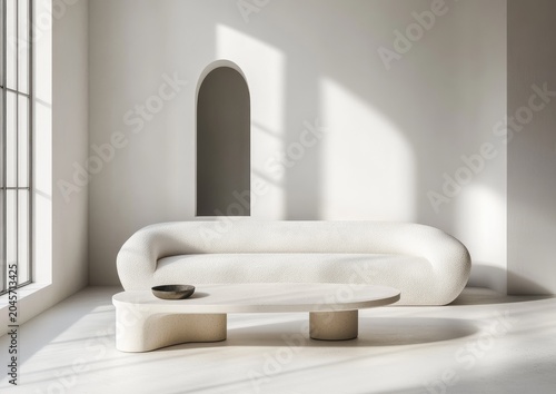 Modern minimalist living room with curved sofa and arched doorway.