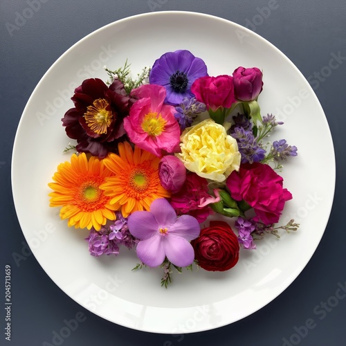 Colorful Flowers Arranged on a White Plate With Green and Blue Background Dur...