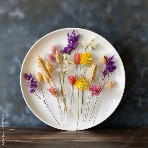 Dried Flowers Arranged on a White Plate Resting on a Light Fabric