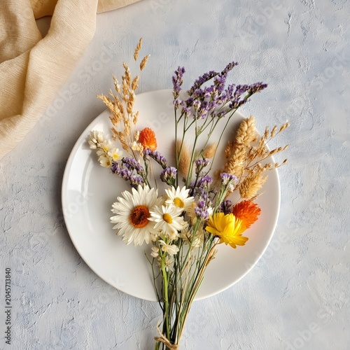 Colorful Flowers Arranged on a White Plate Resting on a Light Surface